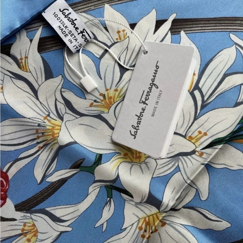 Salvatore Ferragamo Blue and Pink Floral Silk Scarf - Picture 11 of 15